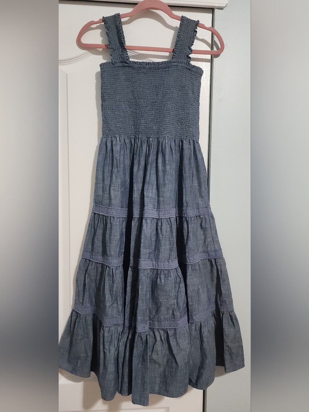 Ladies Lands' End Blue Smocked Tiered Midi Dress